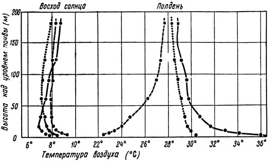 Кривые, отражающие распределение температуры по вертикали при восходе солнца и к полудню на плантациях сахарного тростника (высота 2,5 м), проса (высота 1,5 м) и над необработанной почвой (по Рамдасу, Каламке и Гадру)